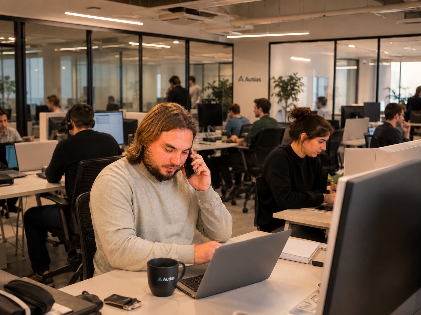 Open-plan Autias office with team at desks behind a colleague on a client call
